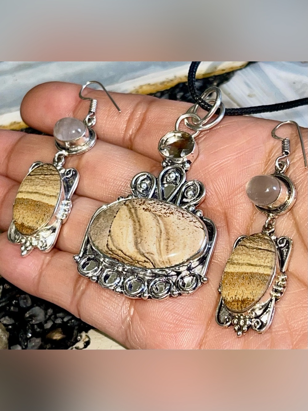 Picture Jasper & Rose Quartz Pendant & Earrings